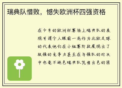 瑞典队惜败，憾失欧洲杯四强资格